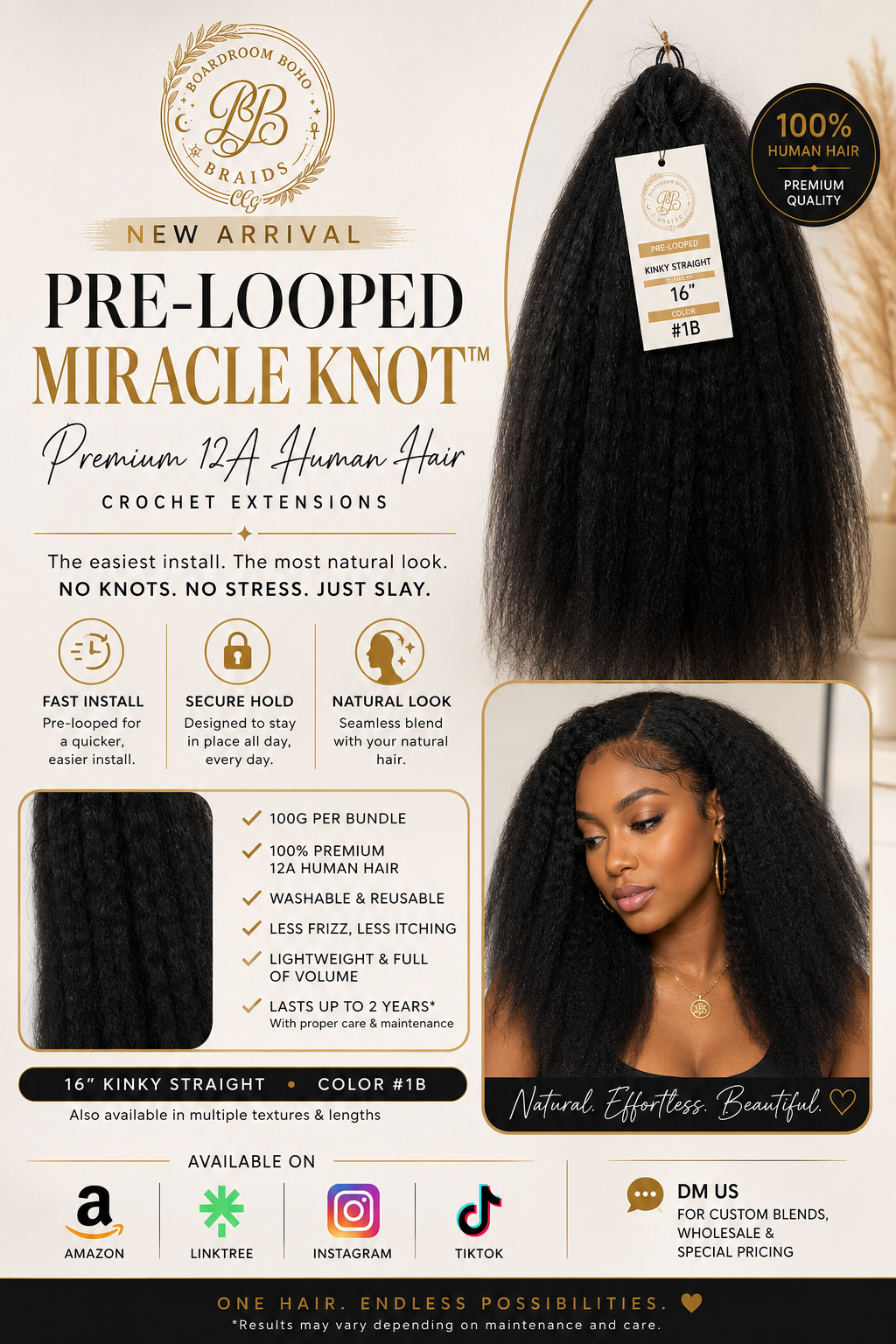 Kinky Straight Human Hair – Pre-Looped Miracle Knots – 100G